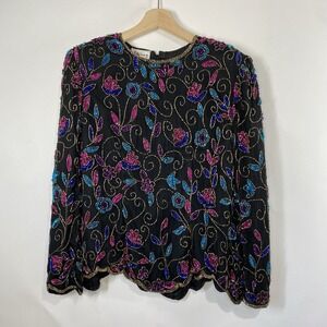 Stenay Vintage Womens Silk Beaded Sequin Floral Asymmetric Long Sleeve Top Large